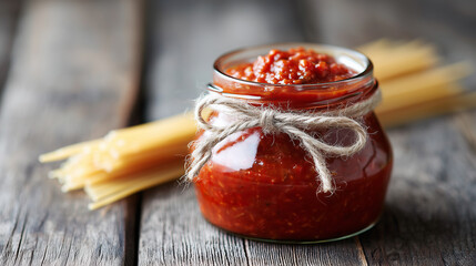 Jar of homemade tomato sauce tied with a twine, placed on a wooden surface with uncooked spaghetti in the background.