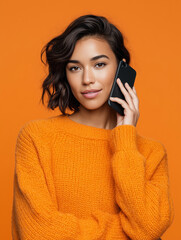 Woman with short, wavy hair and orange sweater holding black phone against orange background.