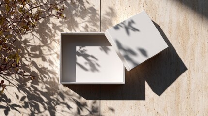 Open, blank white box on stone, with plant shadows