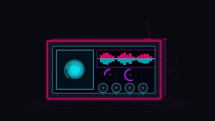 Fototapeta premium Cyberpunk Futuristic Signal Control Device Interface with Neon Audio Waveform, Holographic Dial and Wireless Transmission