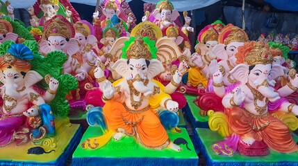 decorated ganesh murti with vibrant ornaments at local market stall