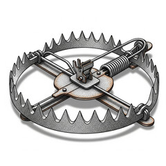 Metal bear trap with sharp teeth and spring mechanism