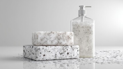 Soap and lotion dispenser set on a speckled surface, clean studio shot