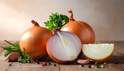 Fresh Onions with Herbs and Spices on Wooden Table.