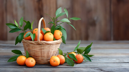Fresh tangerines with green leaves in a wicker basket on a rustic wooden table. Natural still life with citrus fruits, healthy food concept.
