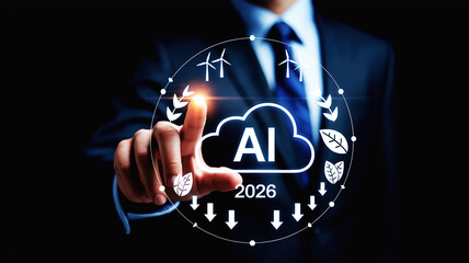 Artificial intelligence 2026 concept, businessman touching AI interface, future technology automation, digital transformation, innovation and data driven business