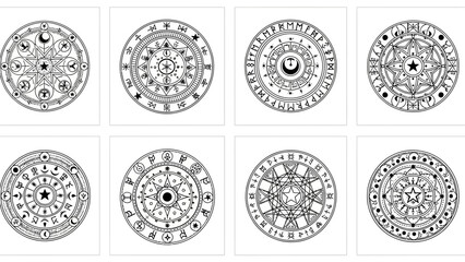 Intricate geometric circular designs with symbols and detailed ornamentation