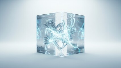 Intricate luminous data streams encapsulated within a transparent cubic container on a pristine