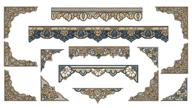 Ornate border illustrations featuring floral and geometric patterns in a classical design on a white background from a frontal viewpoint