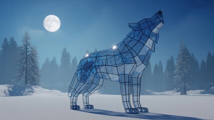 Majestic crystalline wolf sculpture howling at the full moon in a serene winter forest landscape at night
