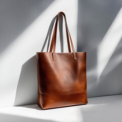 Leather tote bag leaning against a white wall in sunlight