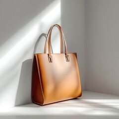 Leather tote bag stands in a bright corner, casting a shadow