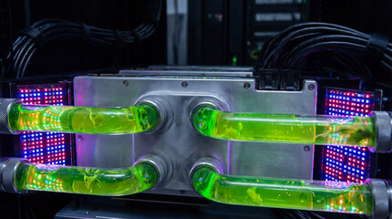 A computer server with green tubes attached to it