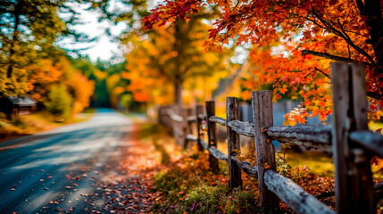A wooden fence with autumn leaves in the foreground leading to a road with trees and a house in the background