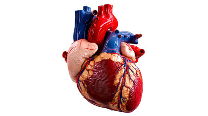 A three-dimensional model of a human heart with the organ's various chambers and blood vessels depicted in a realistic manner