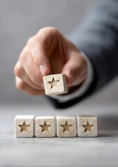 Customer service concept, Businessman hand choose 5 star rating for best satisfaction with client, survey, correct, satisfaction, review, evaluation
