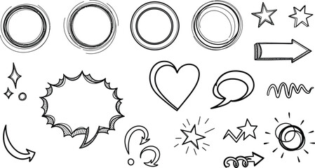 Set of black hand drawn anime manga doodle grunge line elements curved charcoal, chalk arrows, speech bubble, abstract shapes, graphic effects for character emotion.
