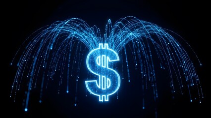 Digital dollar sign with blue neon light trails on black background