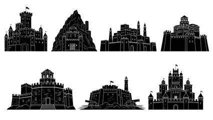 Obraz premium Silhouette collection of castles and fortresses against a white background