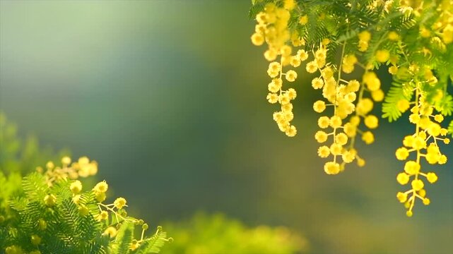 Mimosa spring flowers nature background, Easter backdrop. Blooming mimosa tree over sunset sky. Yellow flower border art design with sun. Slow motion. Frame design 