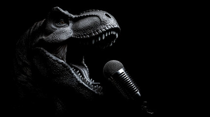 A black and white image of a dinosaur with a microphone in its mouth