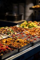 Assortment of traditional Turkish dishes in metal trays at a local self-service restaurant