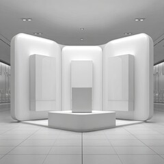 Minimalist white display booth in a bright, tiled exhibition hall
