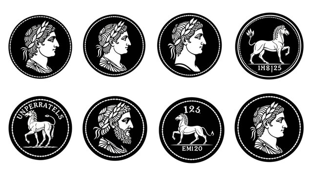 Historical medallions illustration collection on black background