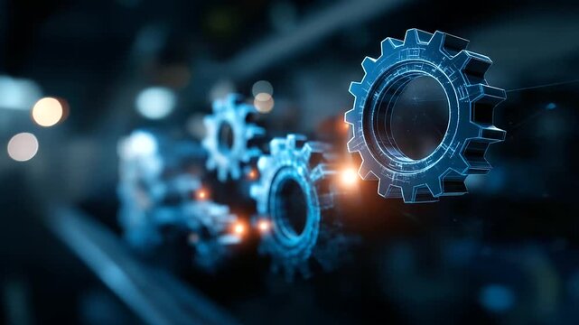 Technology workflow concept on blue backdrop defocused digital background process automation visualization system integration scene technological advancement display with copy