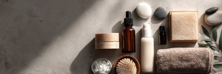 Spa items still life in sunlight oils, creams, stones, towel, branch