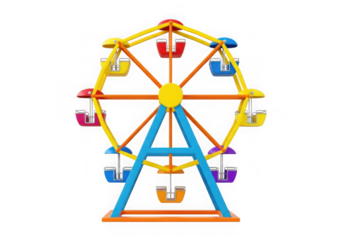 A colorful illustration of a ferris wheel with vibrant seats