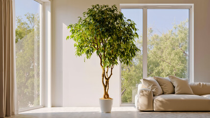 A tall thin green indoor bonsai tree in a white pot sitting in front of a large window with a view of the outdoors