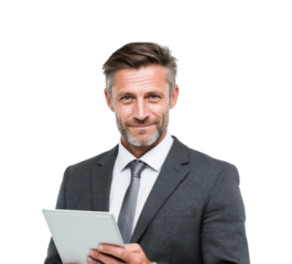 Businessman engaging with tablet in office space professional environment, isolated on transparent background, png