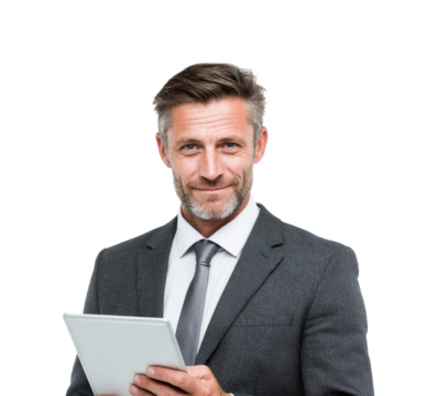 Businessman engaging with tablet in office space professional environment, isolated on transparent background, png - Powered by Adobe