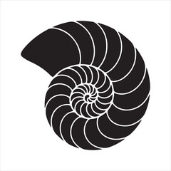 Obraz premium Black nautilus shell silhouette, Nautilus sea shell or spiral round snail shell, silhouette vector illustration 
