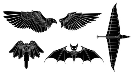 Steampunk aviary detailed black and white illustrations of robotic wings and creatures © @_ greta