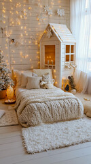 A cozy bedroom with a white bed a white dog and a white house with a lit fireplace