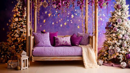 A purple-themed Christmas setting with a canopy bed Christmas tree and decorations