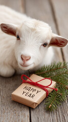 White goat with pine branch and new year gift concept