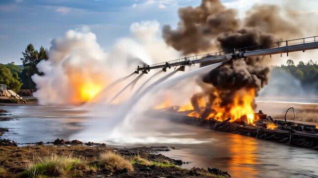 Industrial fire suppression system spraying water to extinguish flames in a controlled environment.