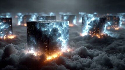 Abstract futuristic cityscapes emerge from swirling clouds with vibrant neon lightning and glowing orange lights, symbolizing innovation and progress.