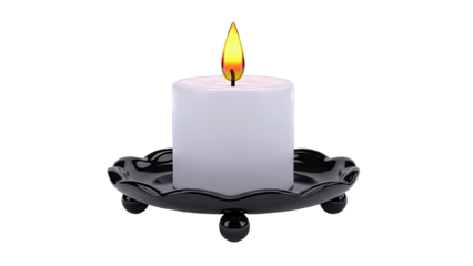 Lit White Candle in Black Decorative Candlestick