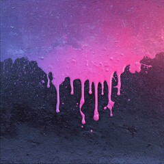 Drips of magenta paint on textured dark surface fading to violet