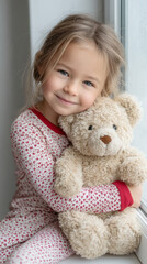 Heartwarming portrait of a girl in cozy pajamas hugging her teddy bear by the window