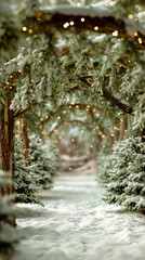 A snowy pathway through a forest of trees with lights strung overhead and snow-covered trees on either side