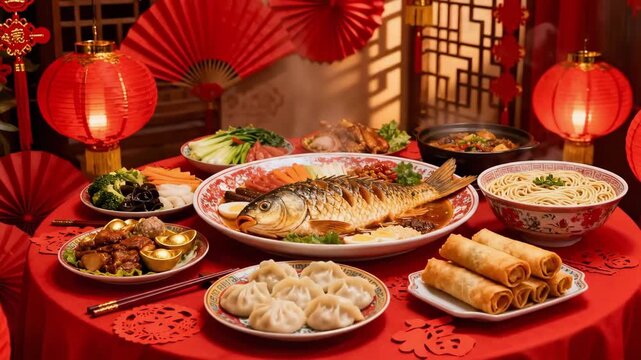 Lantern Lit Round Table With Feast Featuring Whole Fish, Dumplings And Spring Rolls, Decorative Fans And Folding Screens In Background Chef Arranging Platters, Steam Rising From Bowls Of Noodle Soup.
