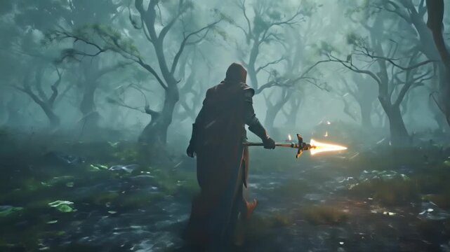 Dark fantasy lord on cliff at night, ornate glowing spear raised, summoning shadow creatures from ground, stormy clouds, cinematic lighting, swirling shadows, epic dark magical atmosphere, 4K video