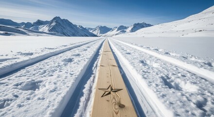 Scenic snowy mountain landscape with fresh ski tracks in winter