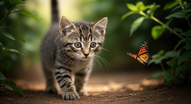 Curious kitten encounters butterfly in lush green garden - Powered by Adobe