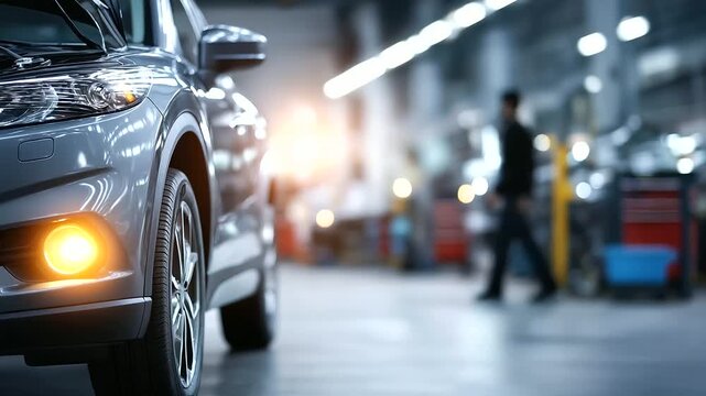 Modern vehicle being serviced in clean well lit automotive workshop defocused auto service garage background showcasing maintenance diagnostics mechanical repair environment vis